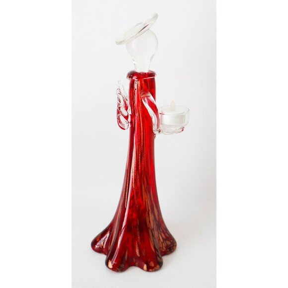 Vintage Art Glass Angel Tea Light Holder Red & Gold Flakes - Picture 4 of 8
